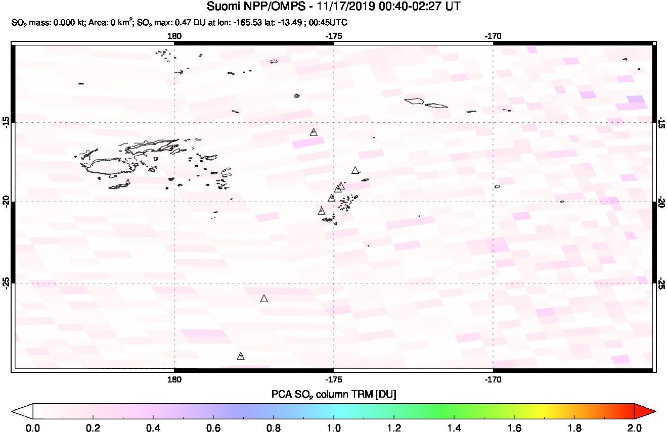 A sulfur dioxide image over Tonga, South Pacific on Nov 17, 2019.