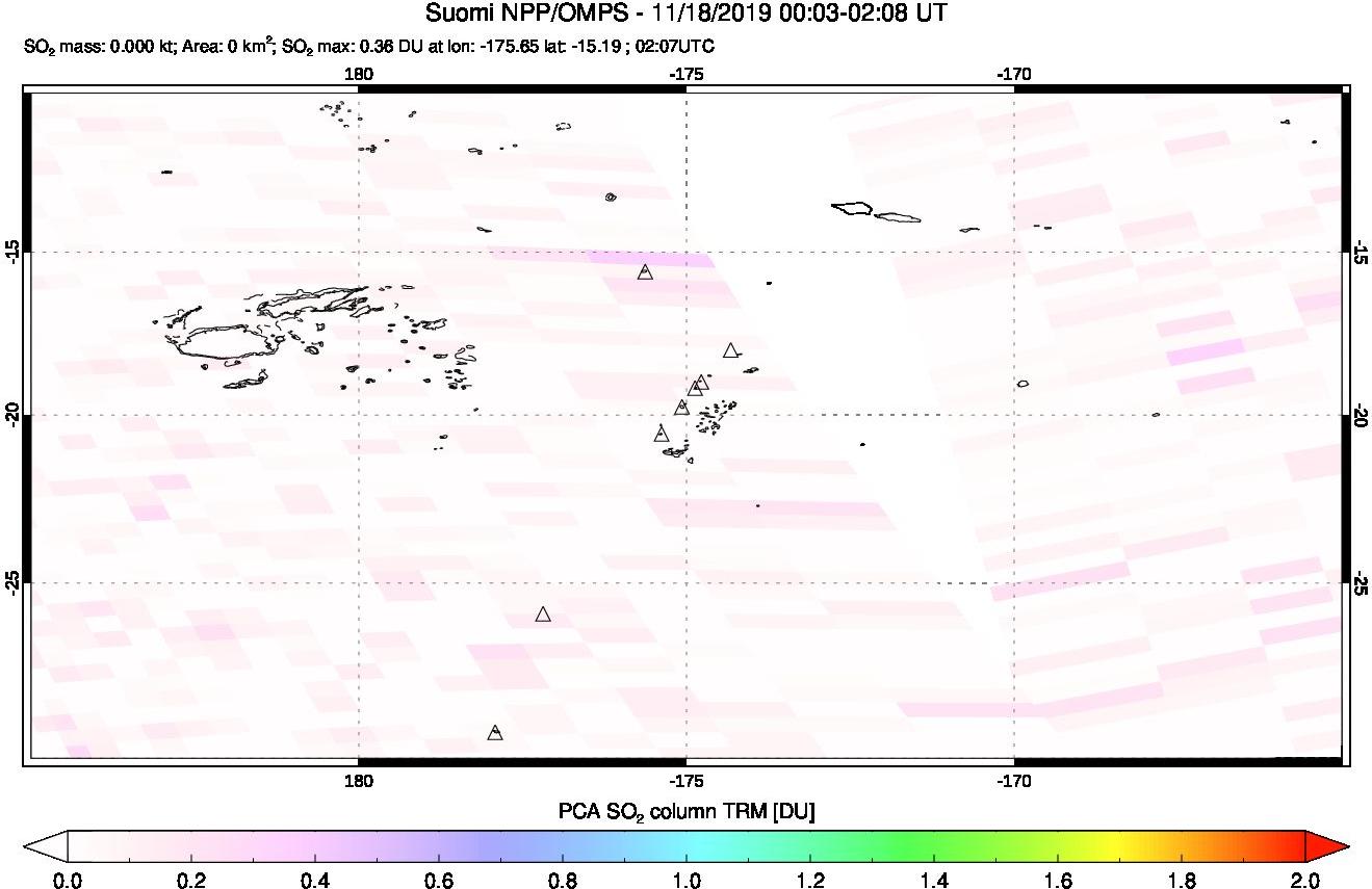A sulfur dioxide image over Tonga, South Pacific on Nov 18, 2019.