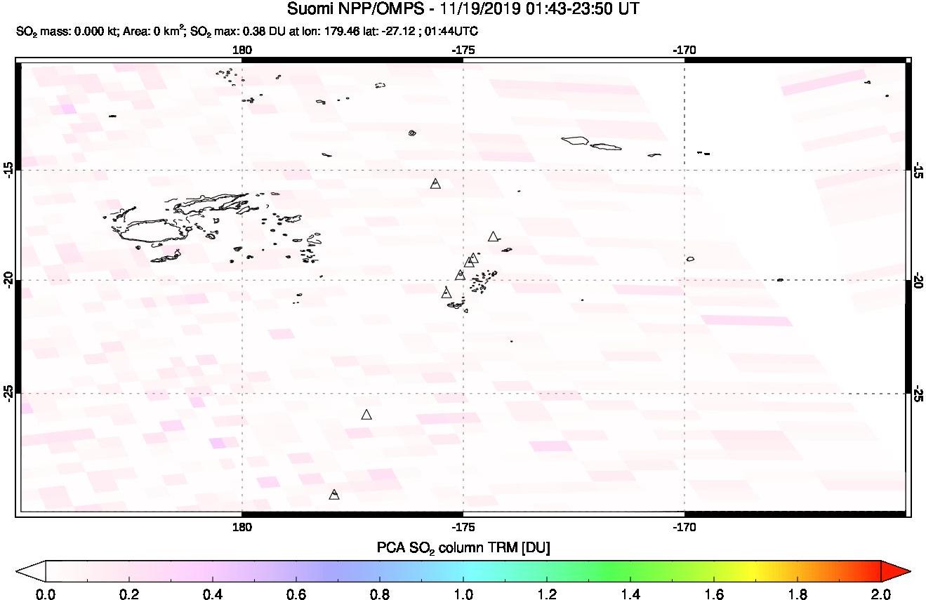 A sulfur dioxide image over Tonga, South Pacific on Nov 19, 2019.