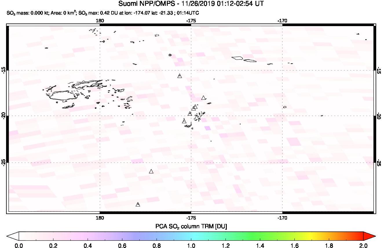 A sulfur dioxide image over Tonga, South Pacific on Nov 26, 2019.