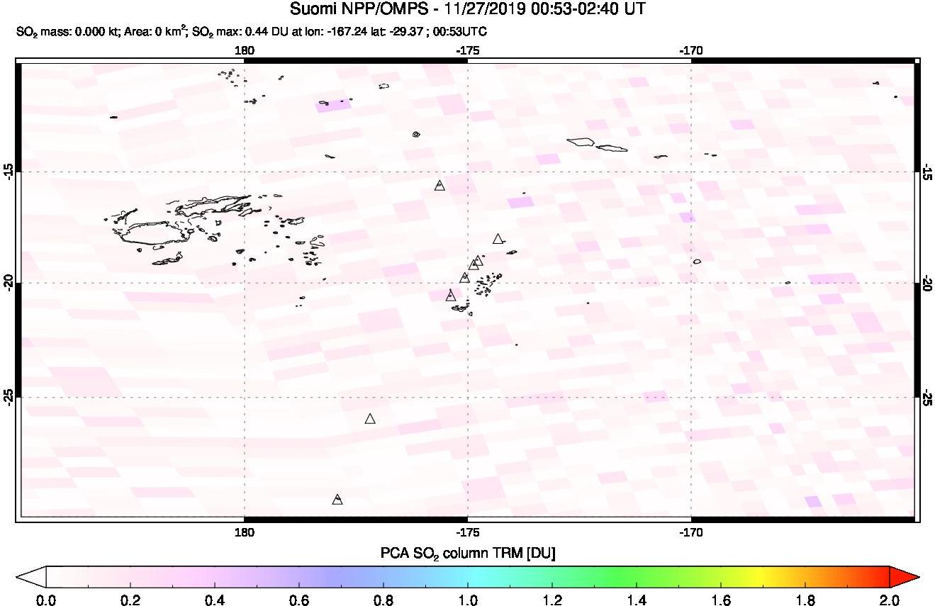 A sulfur dioxide image over Tonga, South Pacific on Nov 27, 2019.
