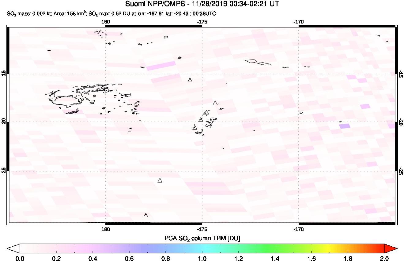 A sulfur dioxide image over Tonga, South Pacific on Nov 28, 2019.