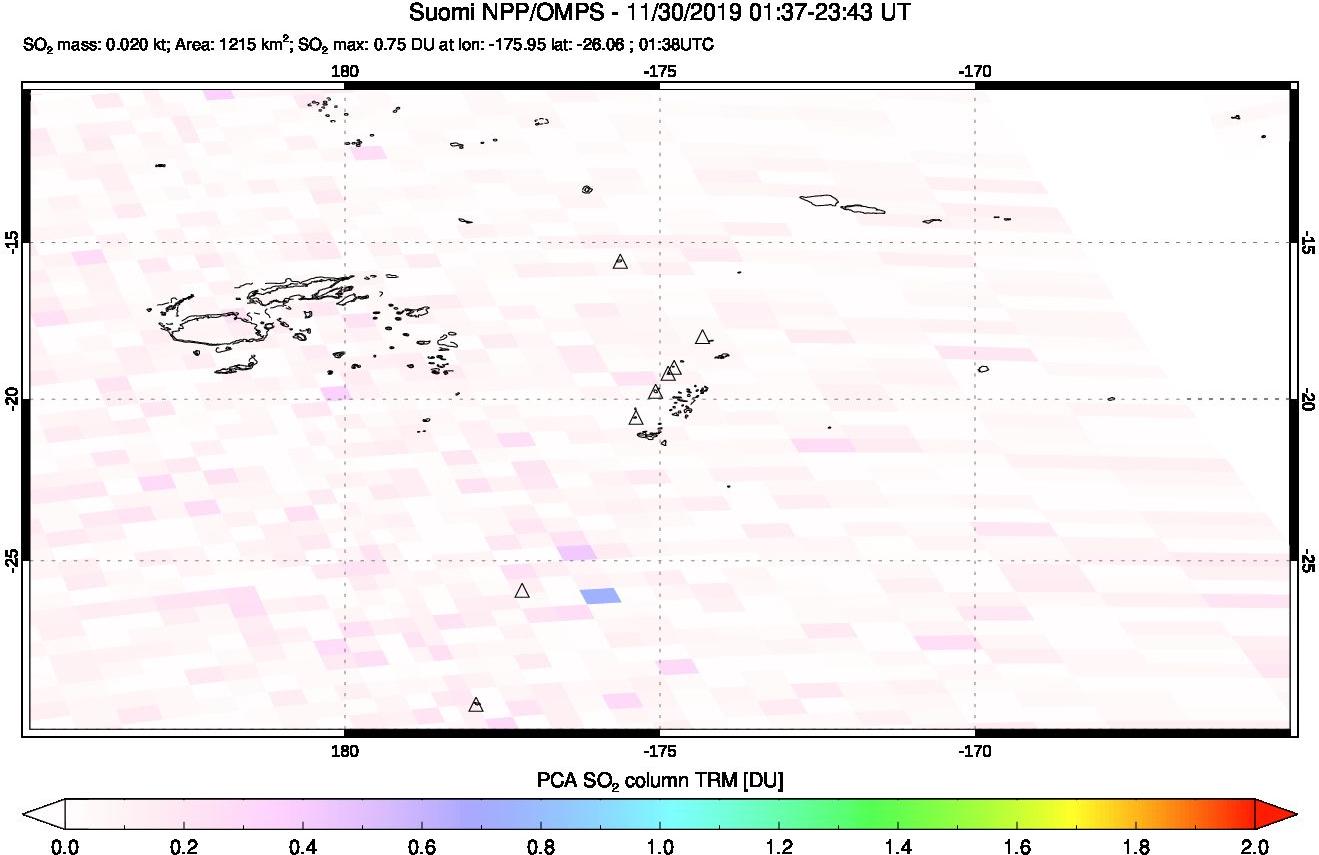 A sulfur dioxide image over Tonga, South Pacific on Nov 30, 2019.