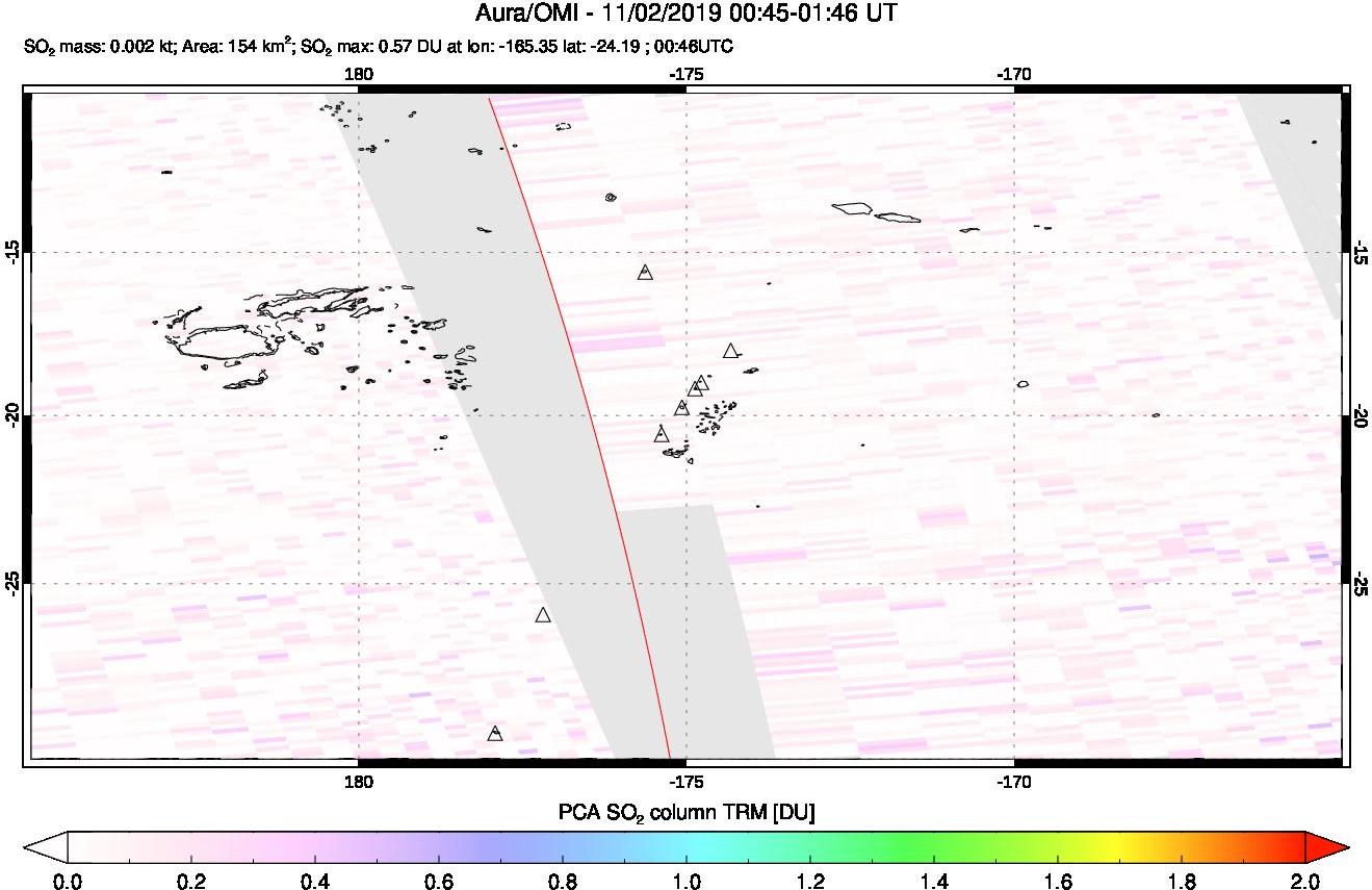 A sulfur dioxide image over Tonga, South Pacific on Nov 02, 2019.