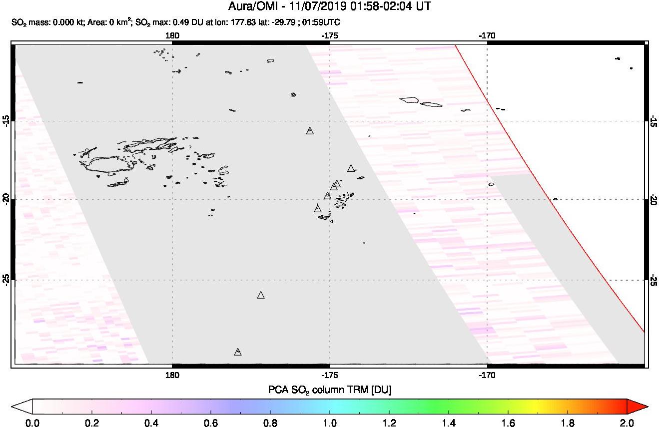 A sulfur dioxide image over Tonga, South Pacific on Nov 07, 2019.