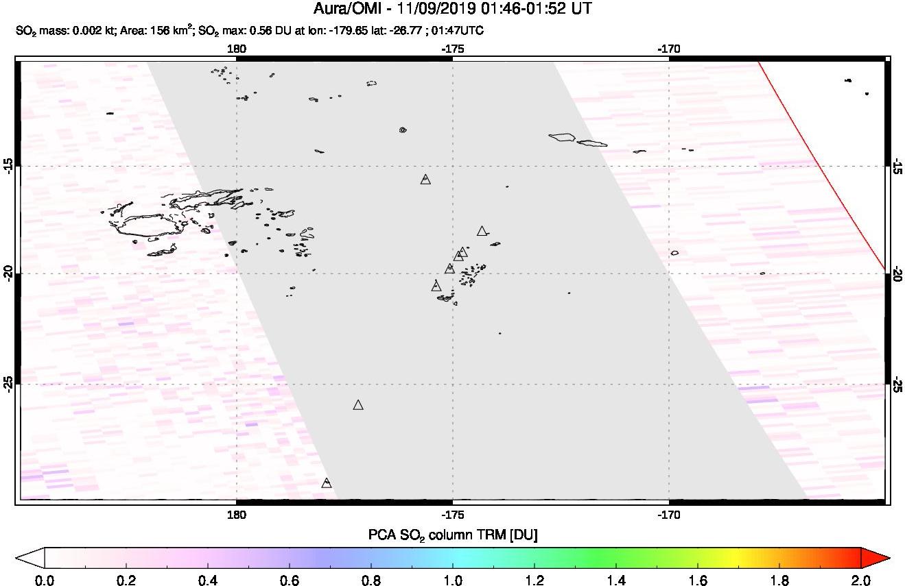 A sulfur dioxide image over Tonga, South Pacific on Nov 09, 2019.