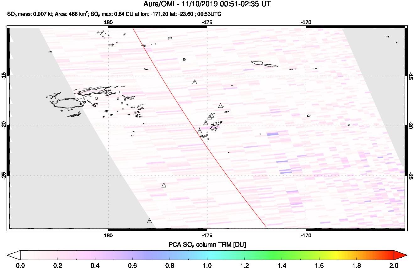 A sulfur dioxide image over Tonga, South Pacific on Nov 10, 2019.