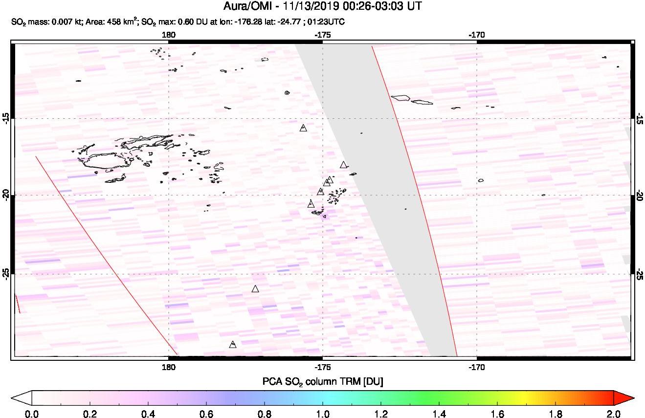 A sulfur dioxide image over Tonga, South Pacific on Nov 13, 2019.