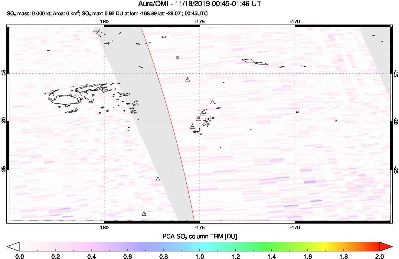 A sulfur dioxide image over Tonga, South Pacific on Nov 18, 2019.