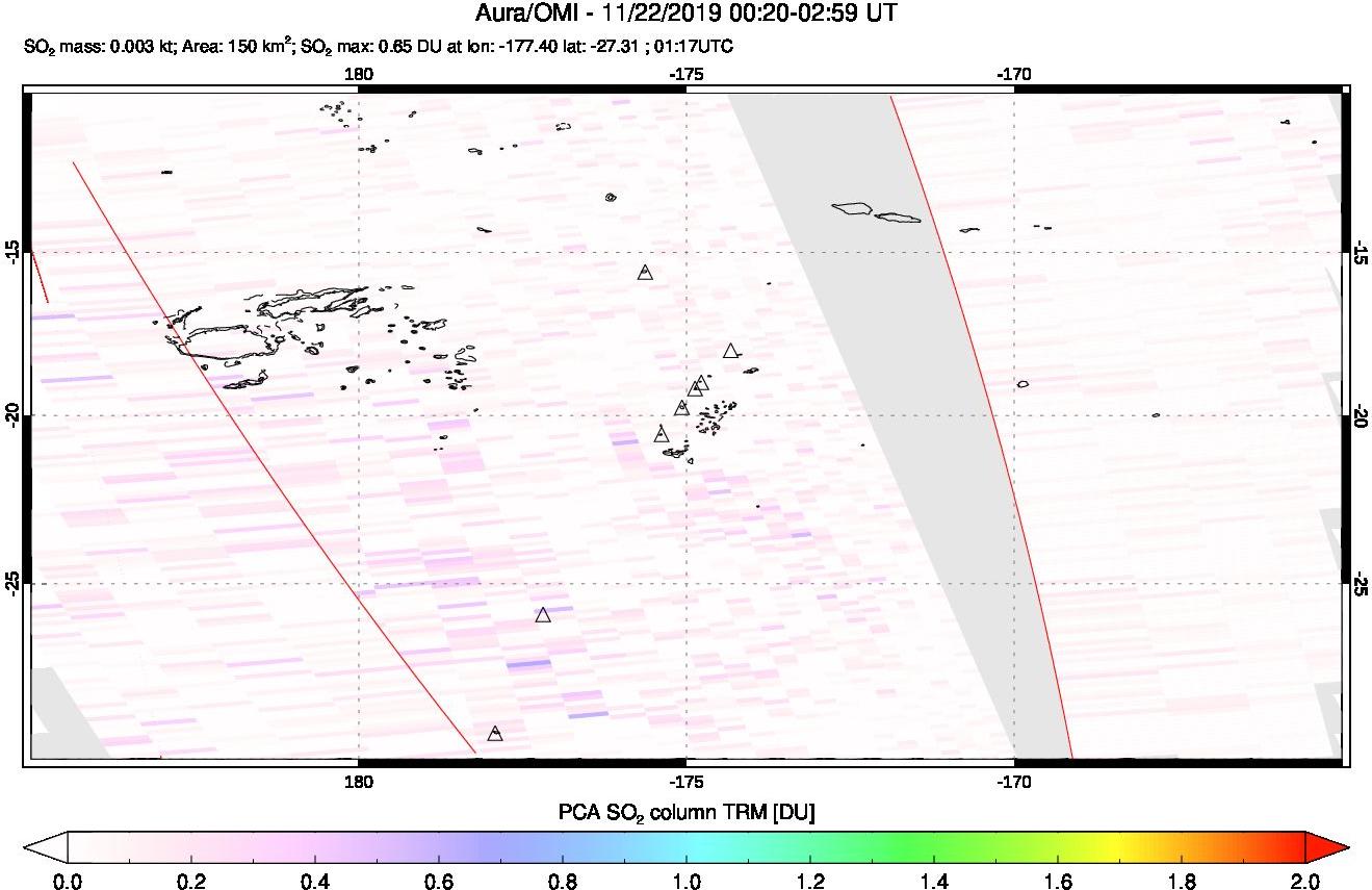 A sulfur dioxide image over Tonga, South Pacific on Nov 22, 2019.