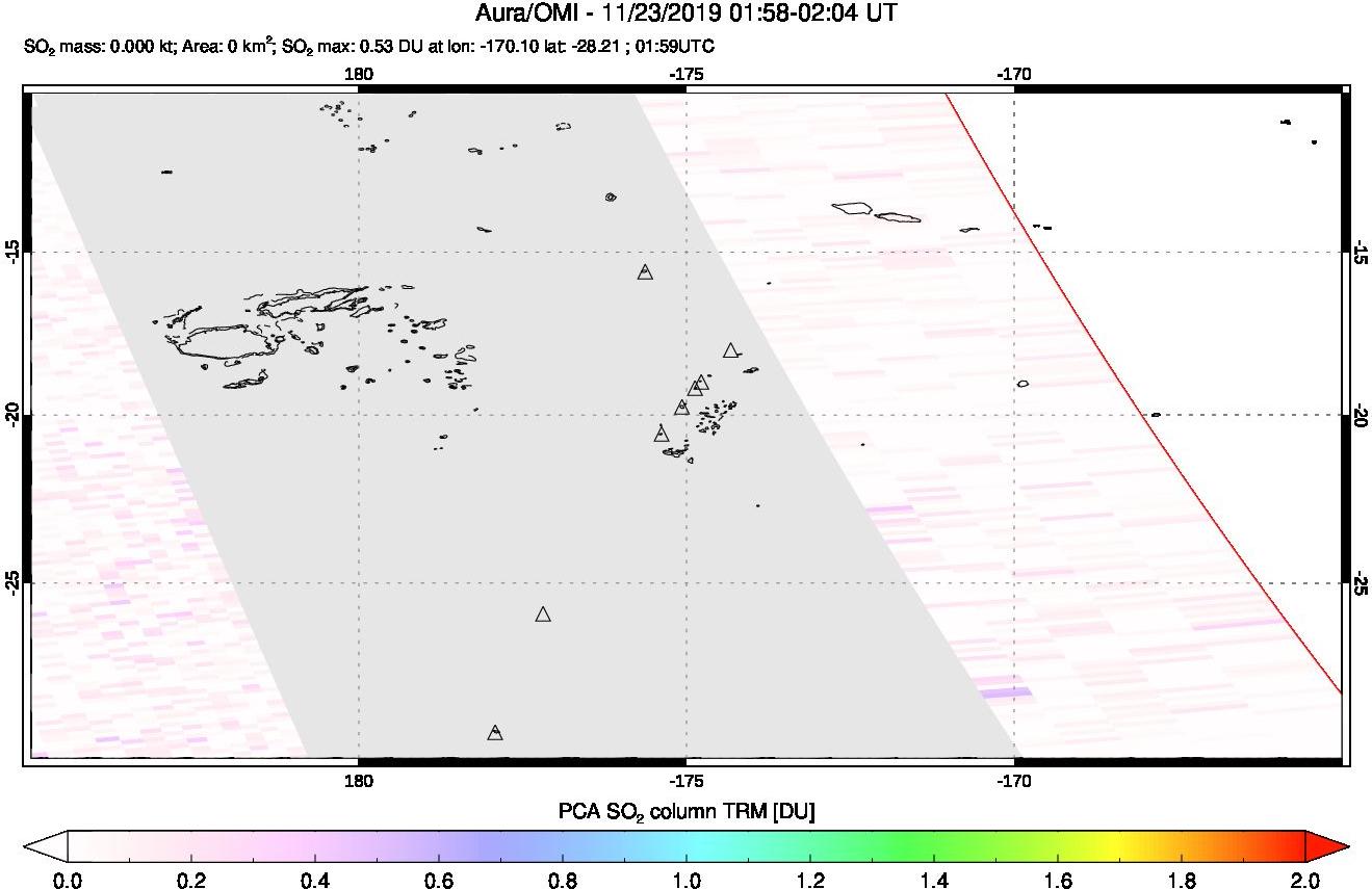 A sulfur dioxide image over Tonga, South Pacific on Nov 23, 2019.
