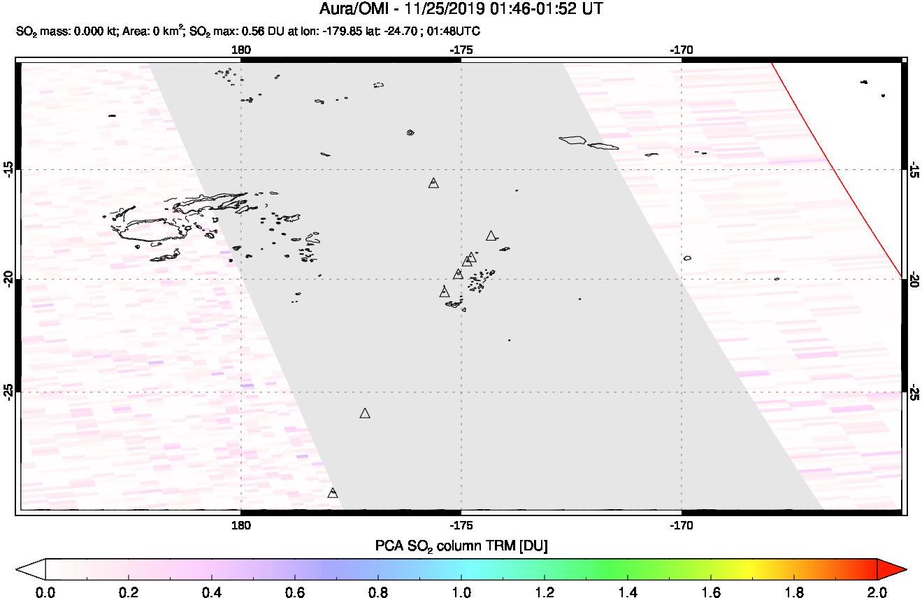 A sulfur dioxide image over Tonga, South Pacific on Nov 25, 2019.