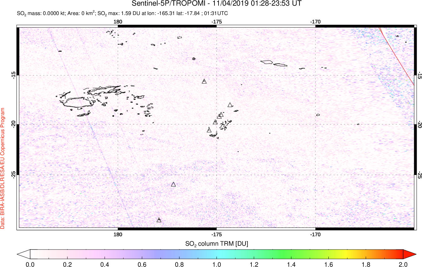 A sulfur dioxide image over Tonga, South Pacific on Nov 04, 2019.