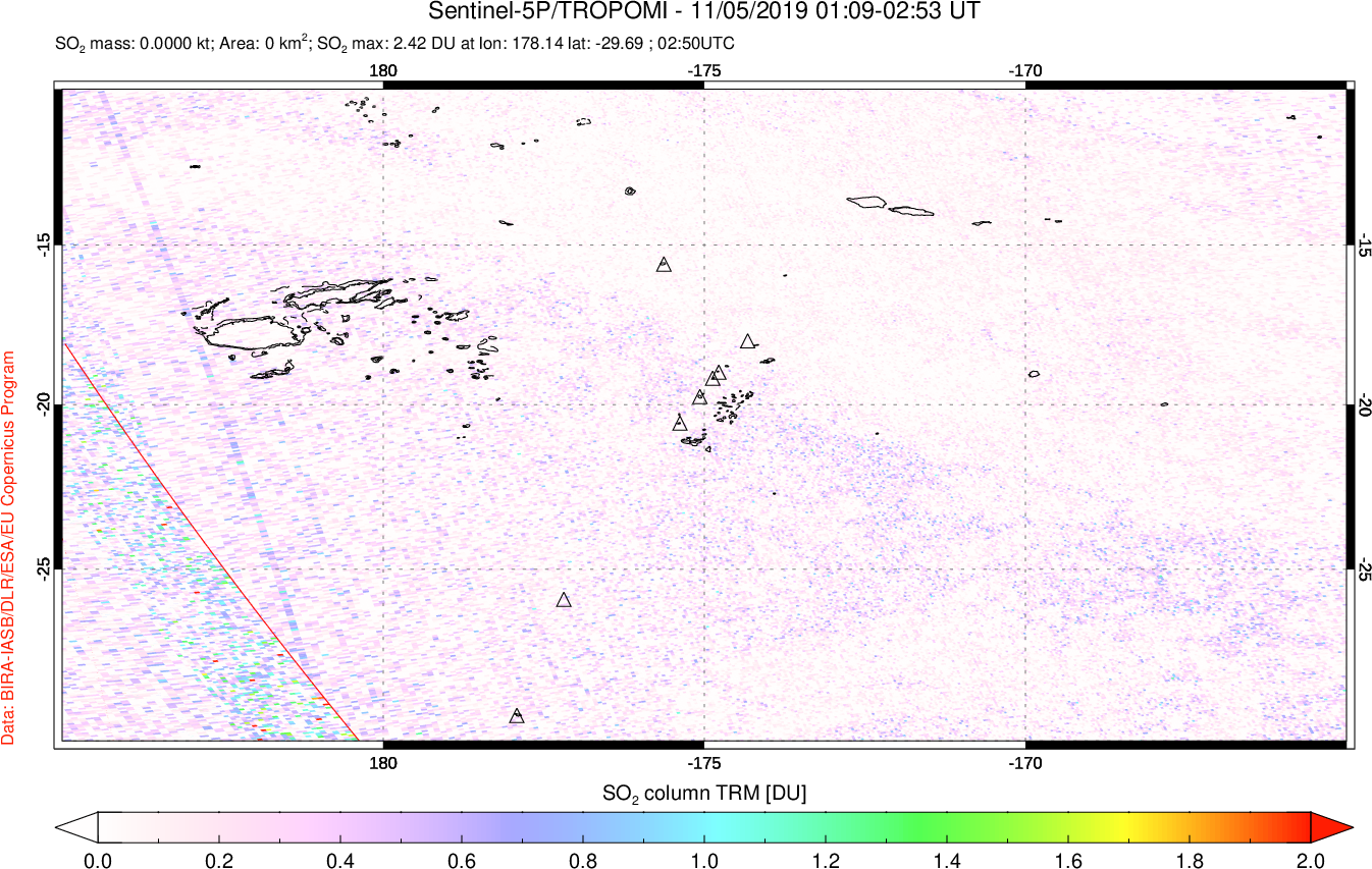 A sulfur dioxide image over Tonga, South Pacific on Nov 05, 2019.