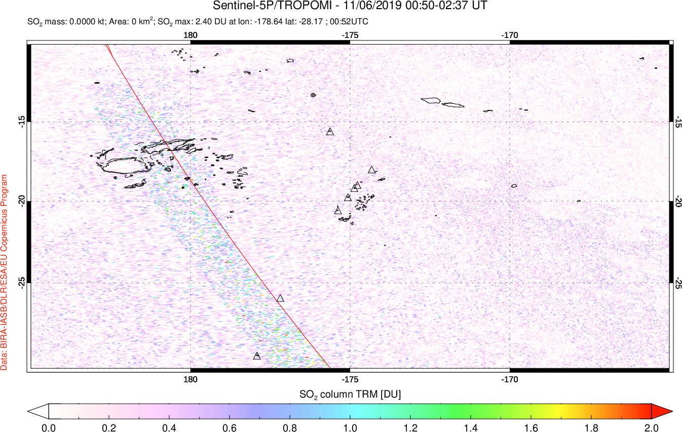 A sulfur dioxide image over Tonga, South Pacific on Nov 06, 2019.