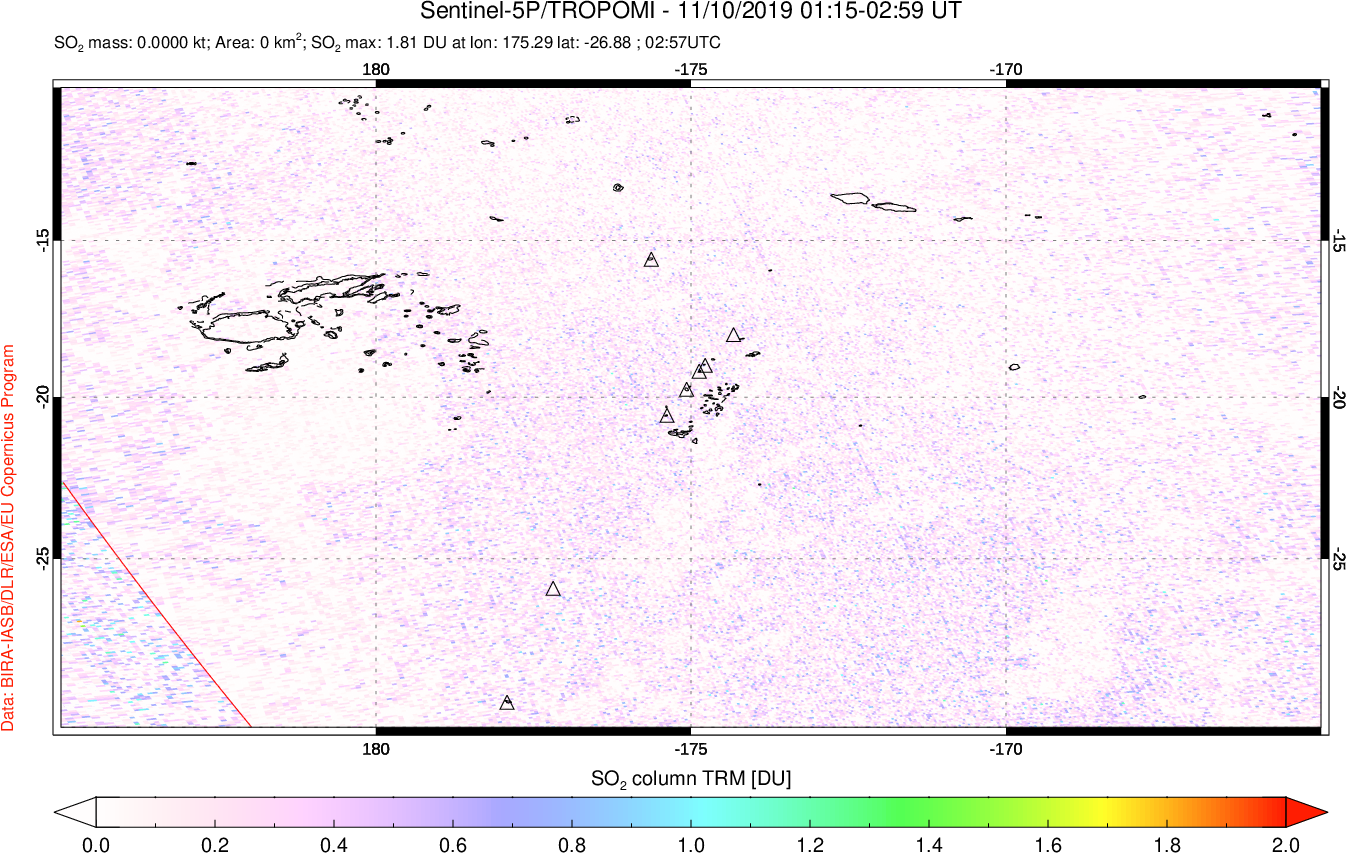 A sulfur dioxide image over Tonga, South Pacific on Nov 10, 2019.