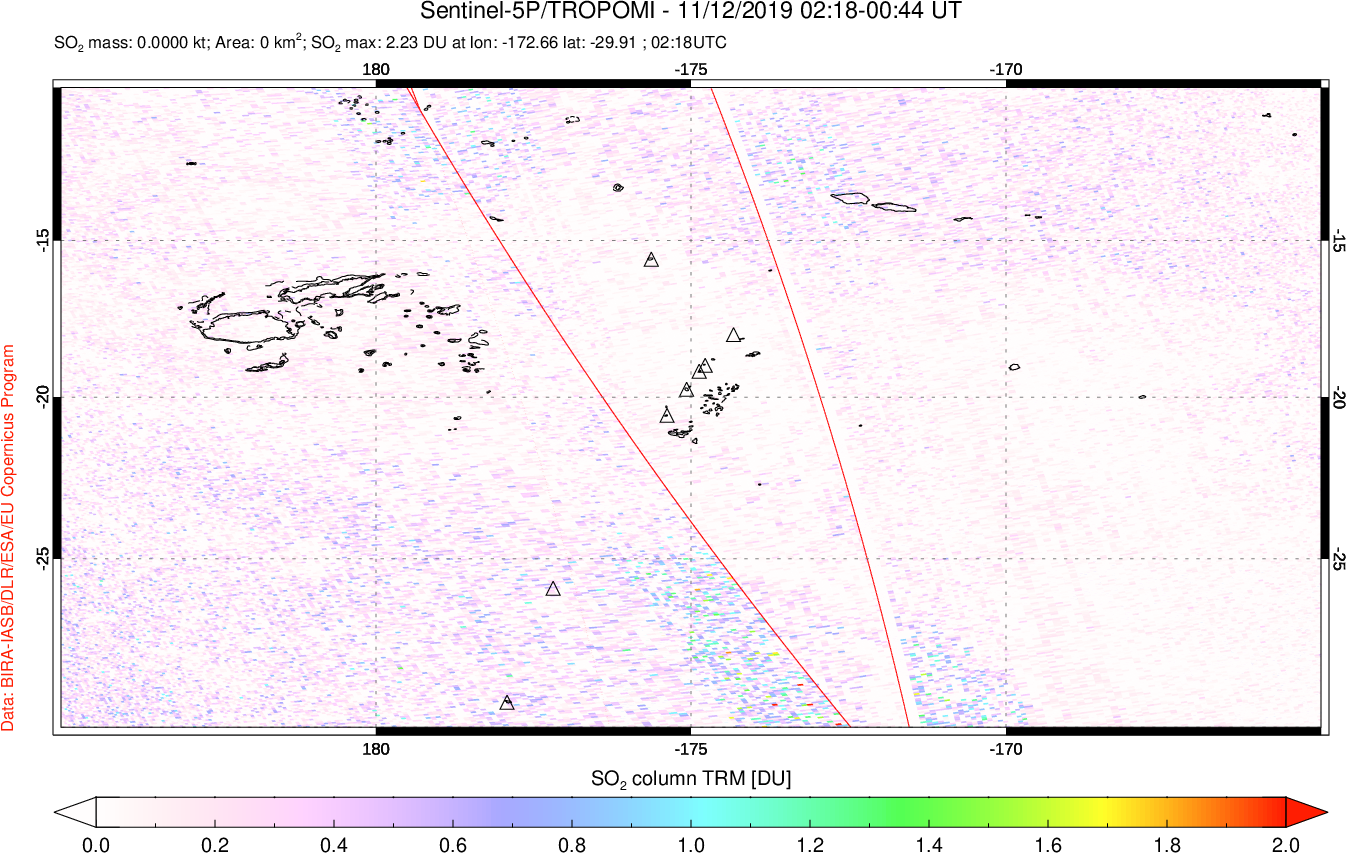 A sulfur dioxide image over Tonga, South Pacific on Nov 12, 2019.