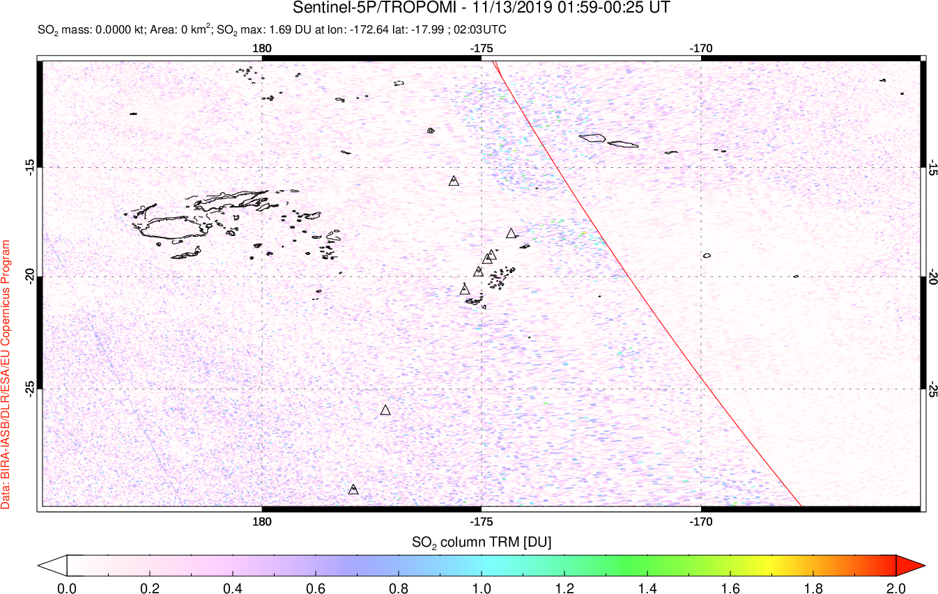 A sulfur dioxide image over Tonga, South Pacific on Nov 13, 2019.