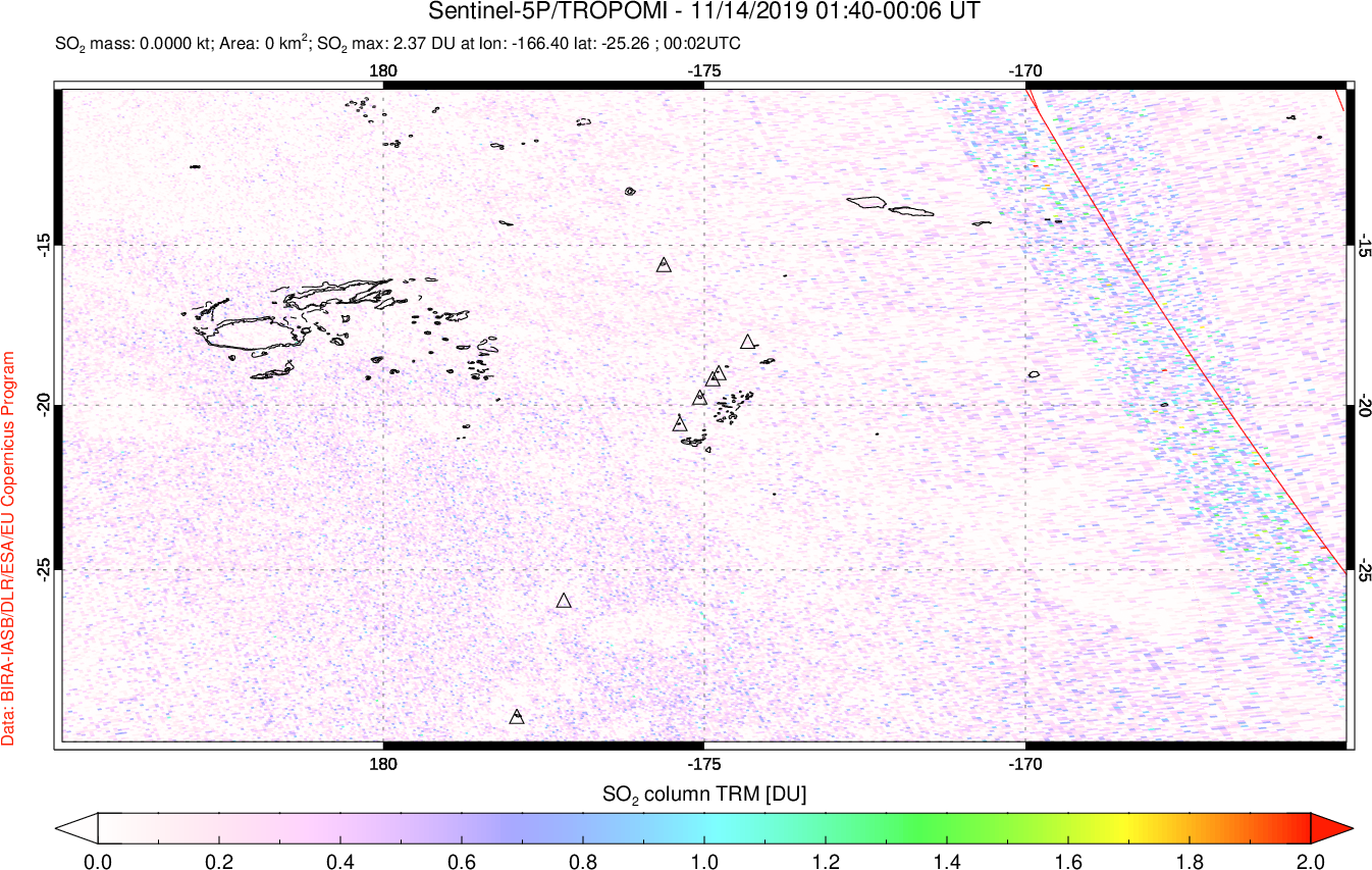 A sulfur dioxide image over Tonga, South Pacific on Nov 14, 2019.
