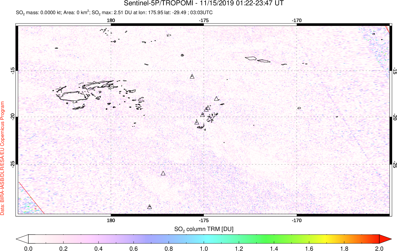 A sulfur dioxide image over Tonga, South Pacific on Nov 15, 2019.