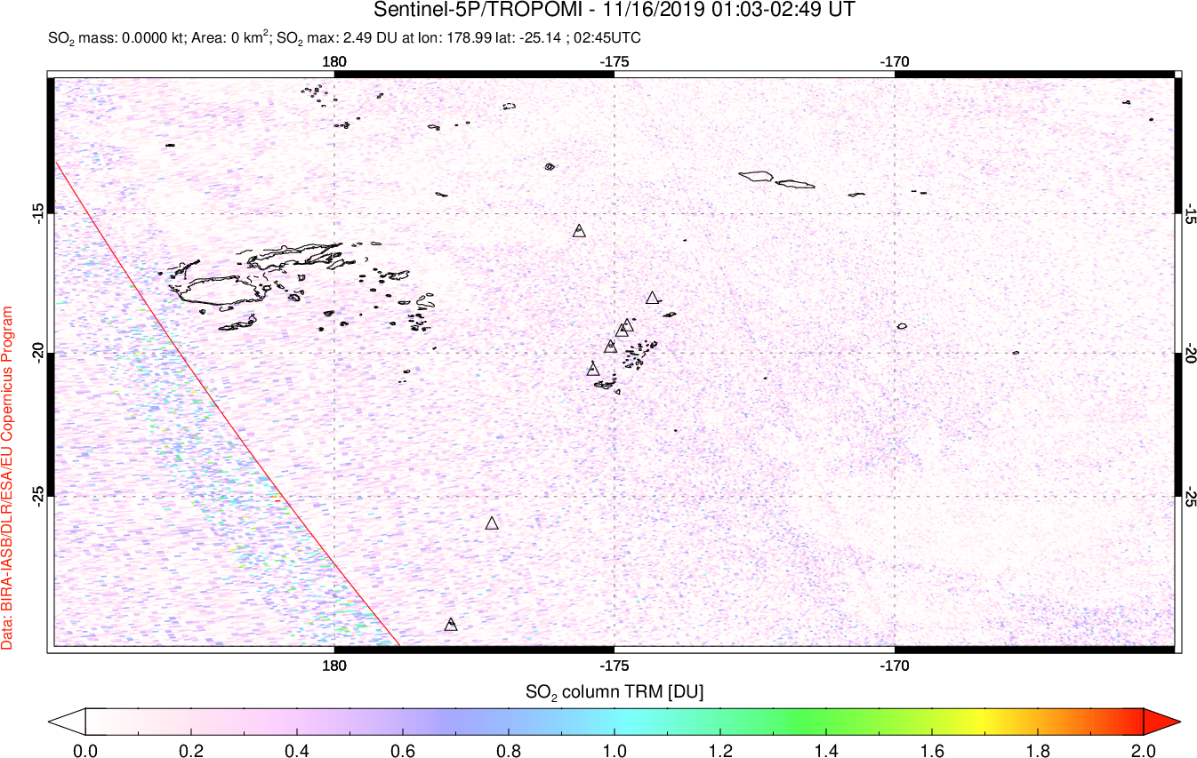 A sulfur dioxide image over Tonga, South Pacific on Nov 16, 2019.