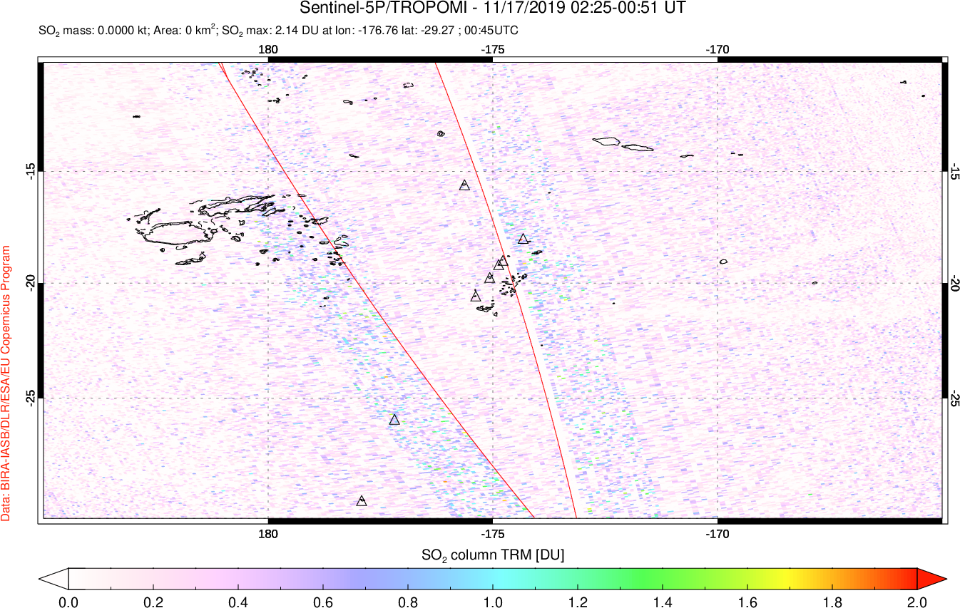 A sulfur dioxide image over Tonga, South Pacific on Nov 17, 2019.