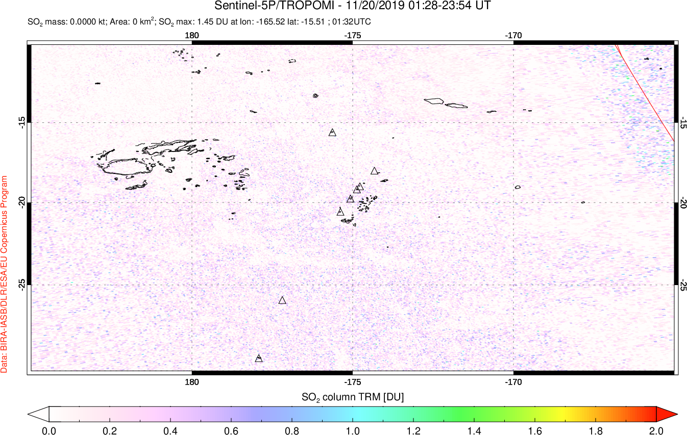 A sulfur dioxide image over Tonga, South Pacific on Nov 20, 2019.