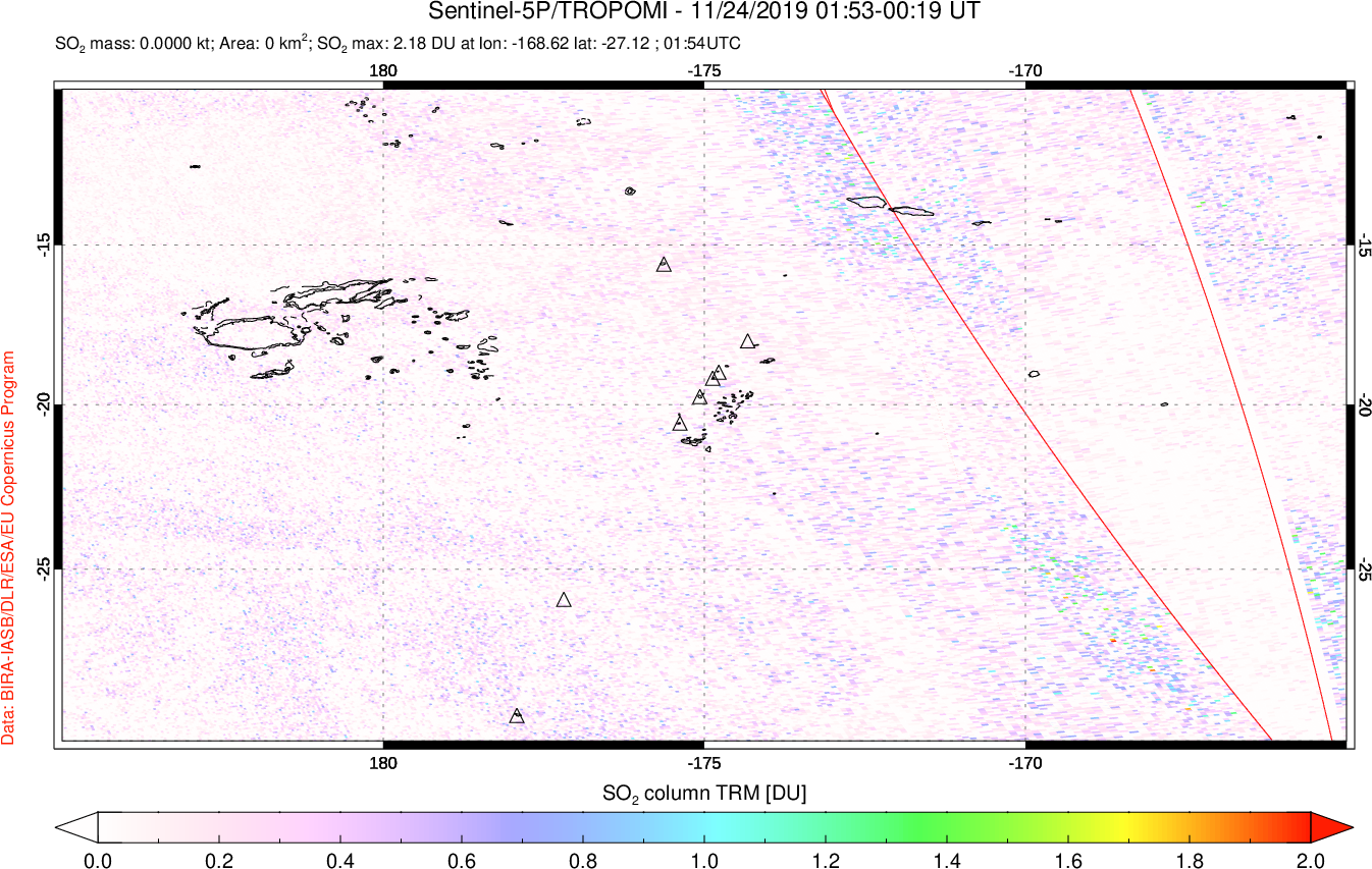 A sulfur dioxide image over Tonga, South Pacific on Nov 24, 2019.