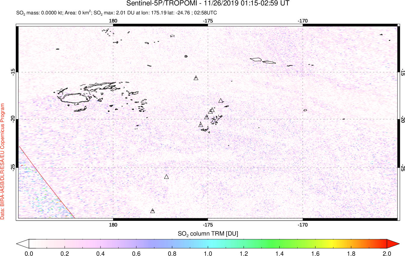 A sulfur dioxide image over Tonga, South Pacific on Nov 26, 2019.