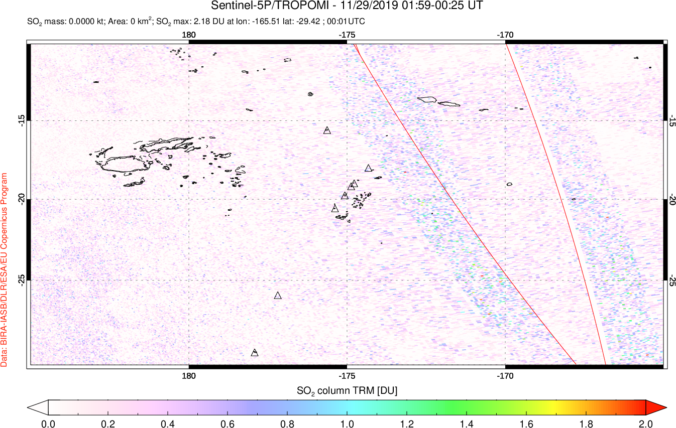 A sulfur dioxide image over Tonga, South Pacific on Nov 29, 2019.