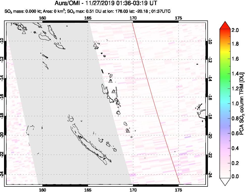 A sulfur dioxide image over Vanuatu, South Pacific on Nov 27, 2019.