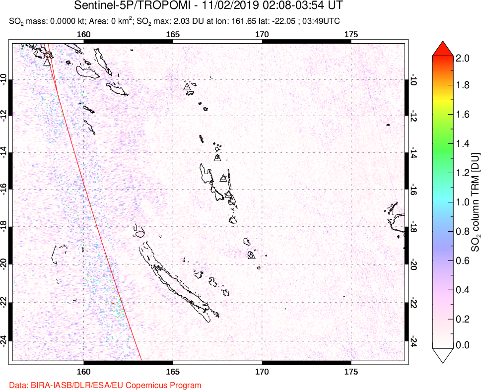 A sulfur dioxide image over Vanuatu, South Pacific on Nov 02, 2019.
