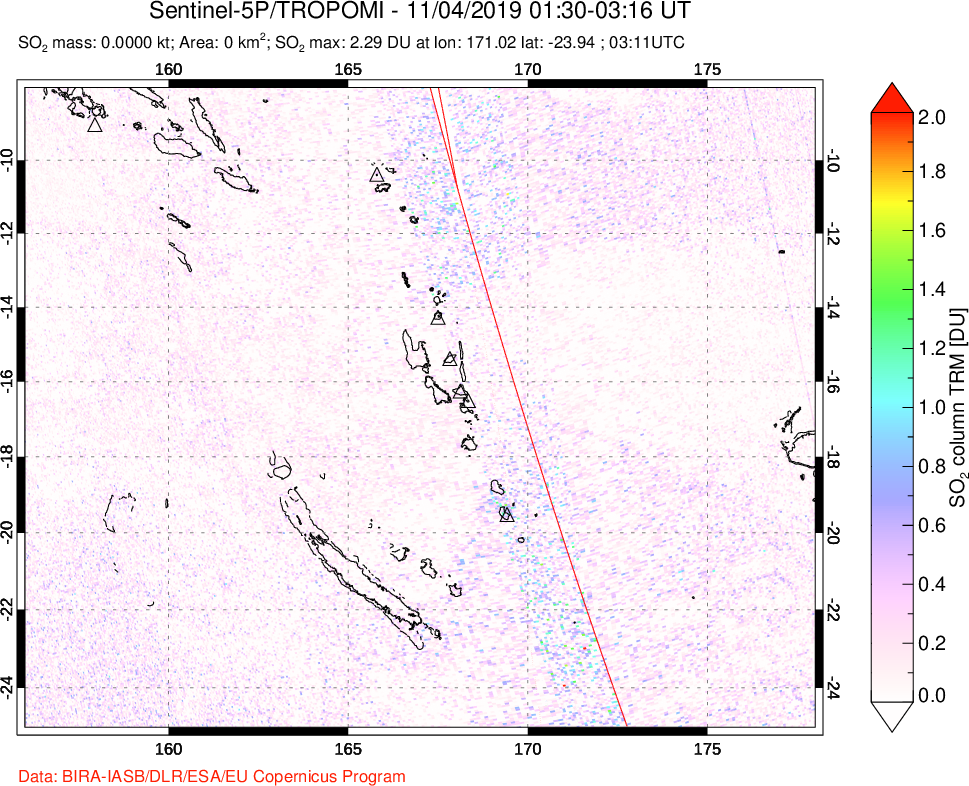 A sulfur dioxide image over Vanuatu, South Pacific on Nov 04, 2019.