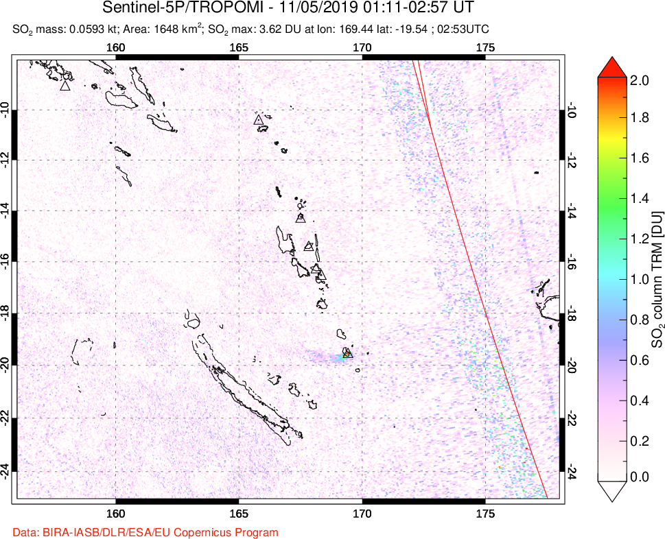 A sulfur dioxide image over Vanuatu, South Pacific on Nov 05, 2019.