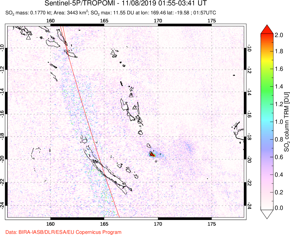 A sulfur dioxide image over Vanuatu, South Pacific on Nov 08, 2019.