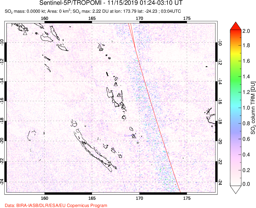 A sulfur dioxide image over Vanuatu, South Pacific on Nov 15, 2019.