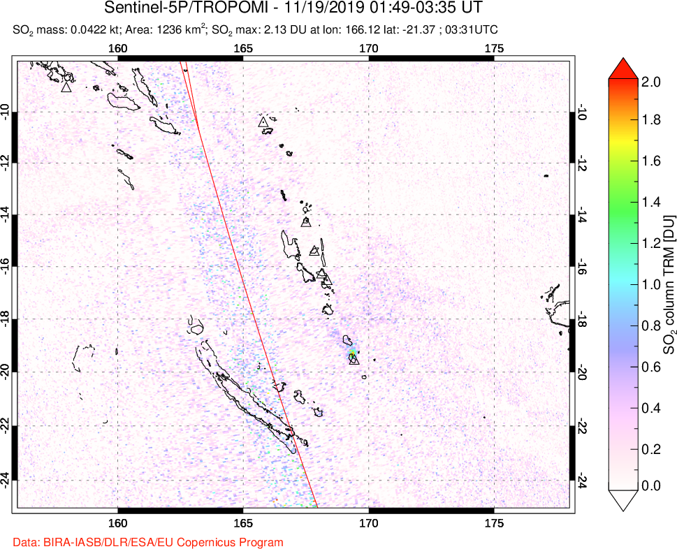 A sulfur dioxide image over Vanuatu, South Pacific on Nov 19, 2019.
