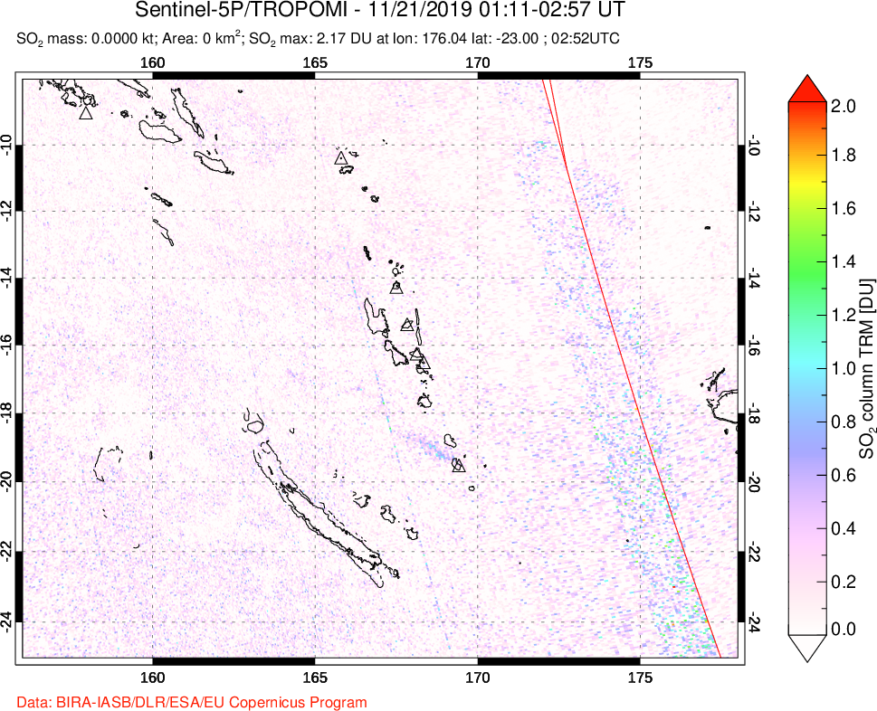 A sulfur dioxide image over Vanuatu, South Pacific on Nov 21, 2019.