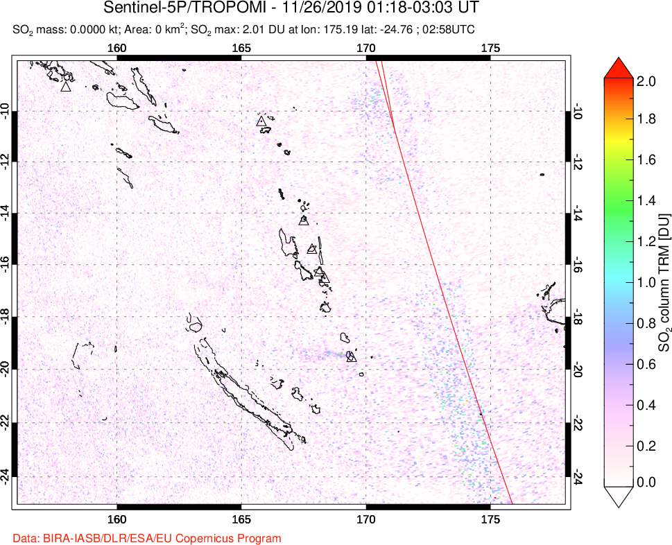 A sulfur dioxide image over Vanuatu, South Pacific on Nov 26, 2019.
