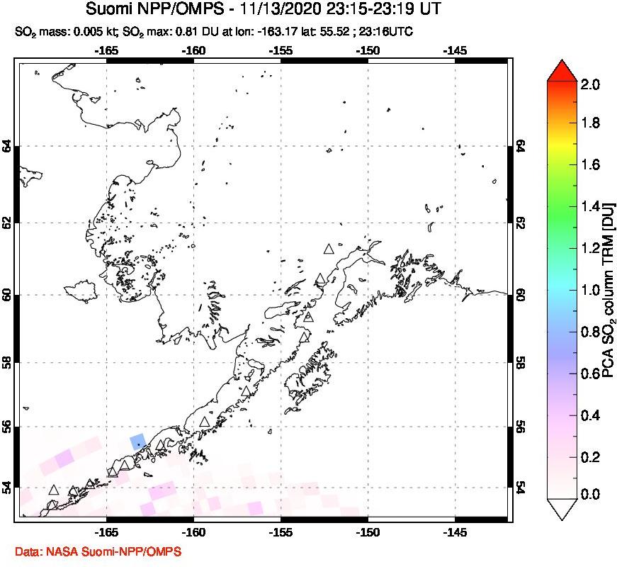 A sulfur dioxide image over Alaska, USA on Nov 13, 2020.