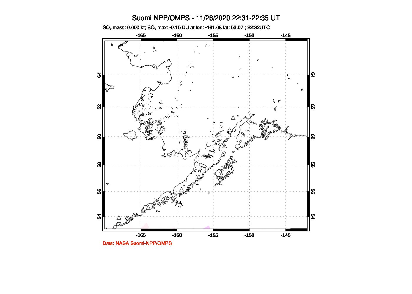 A sulfur dioxide image over Alaska, USA on Nov 26, 2020.