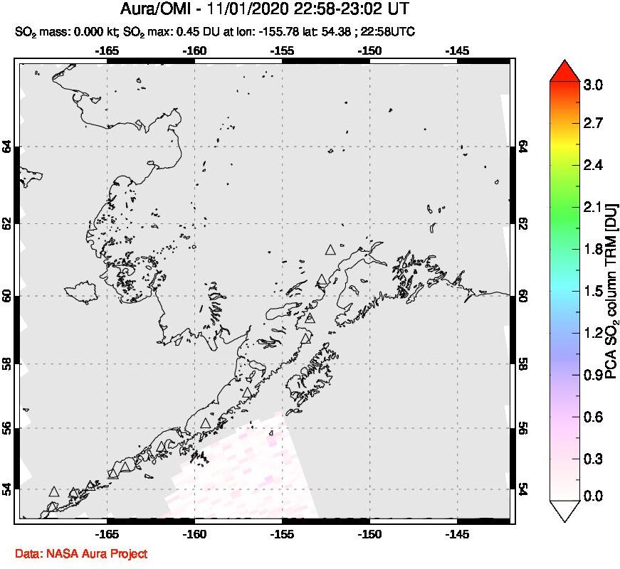 A sulfur dioxide image over Alaska, USA on Nov 01, 2020.