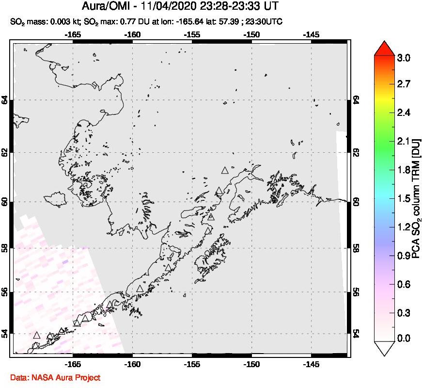 A sulfur dioxide image over Alaska, USA on Nov 04, 2020.