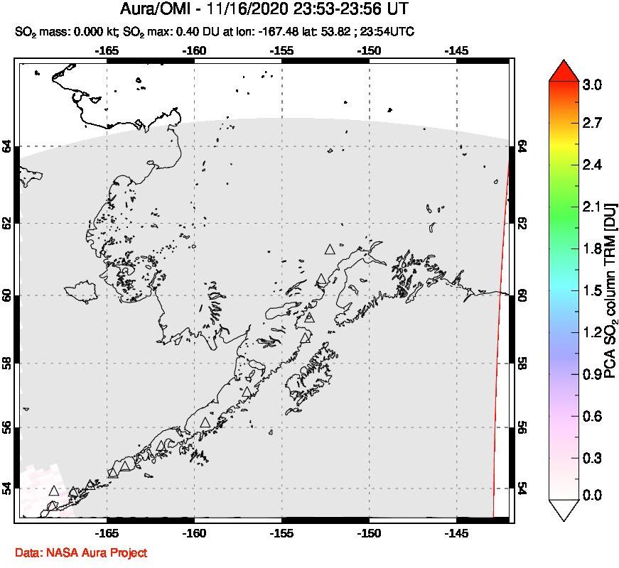 A sulfur dioxide image over Alaska, USA on Nov 16, 2020.