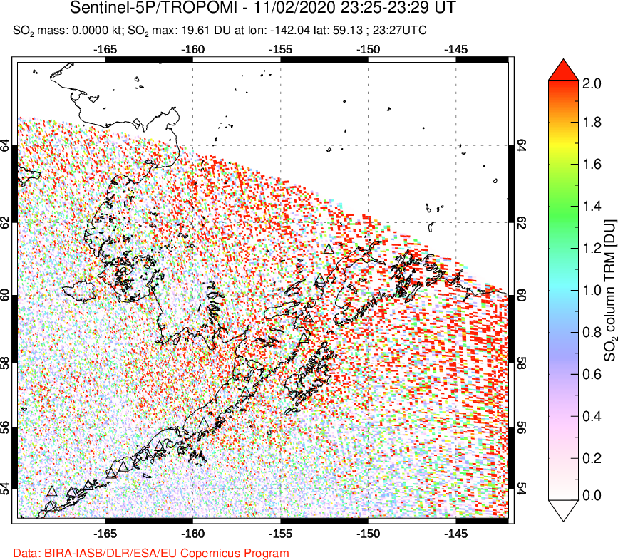 A sulfur dioxide image over Alaska, USA on Nov 02, 2020.