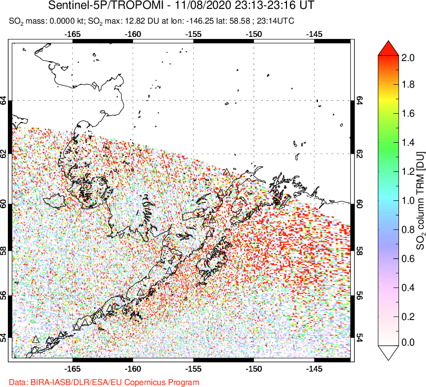 A sulfur dioxide image over Alaska, USA on Nov 08, 2020.