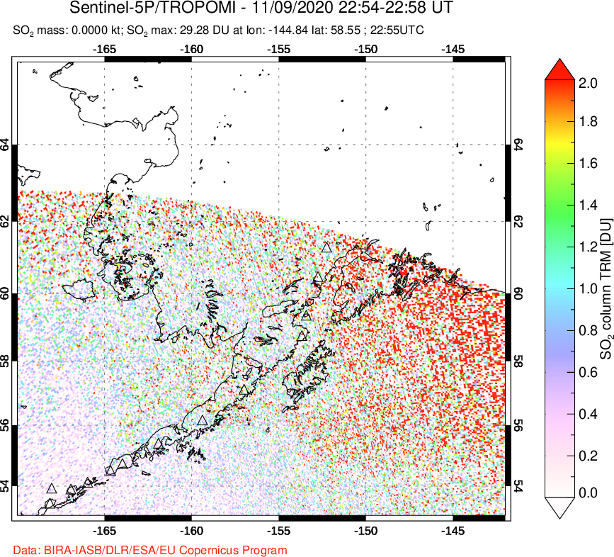 A sulfur dioxide image over Alaska, USA on Nov 09, 2020.