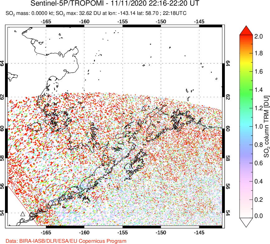 A sulfur dioxide image over Alaska, USA on Nov 11, 2020.