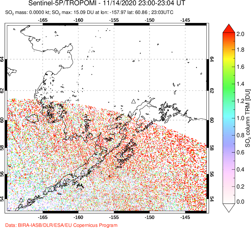 A sulfur dioxide image over Alaska, USA on Nov 14, 2020.