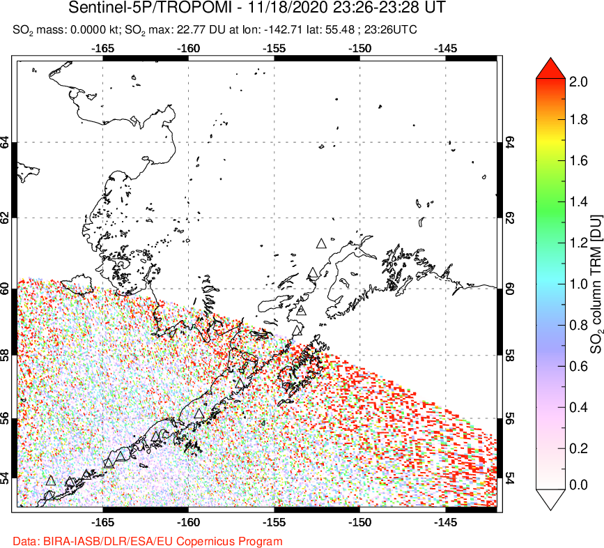 A sulfur dioxide image over Alaska, USA on Nov 18, 2020.